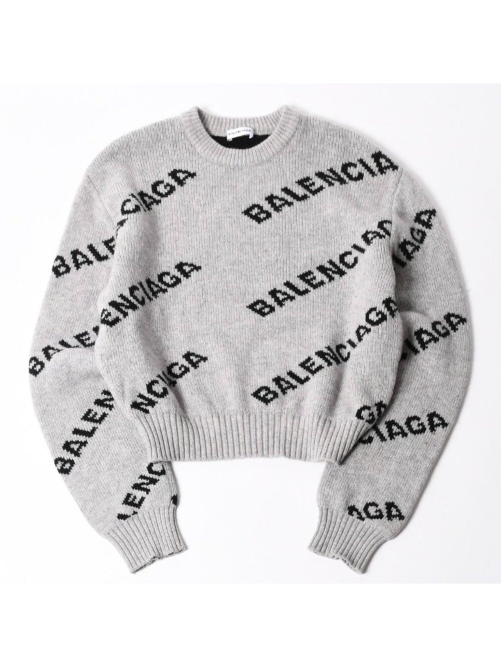 Balenciaga All Over Print Logo Crew Neck Knit Sweater Wool Gray Black